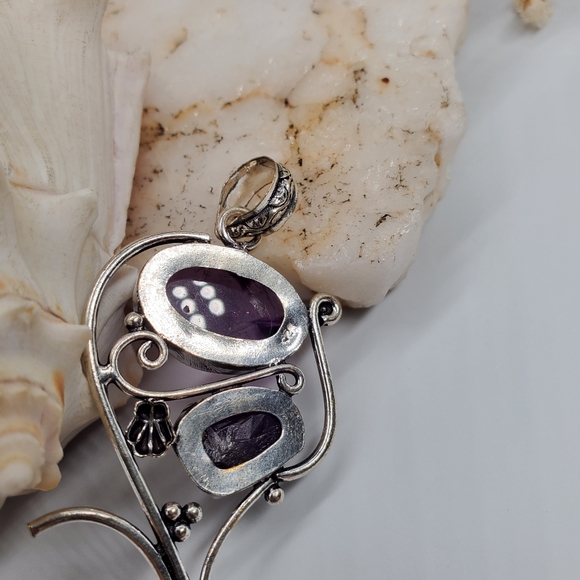 Purple Raw Amethyst Natural Pearl Silver 925 Pendant - Picture 2 of 5